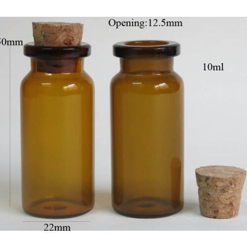 100 x 10ml Amber Glass Bottle with Cooden Cork 10cc 1/3oz Small Brown Bottle Cork Stopper Glass Vials 22*50*12.5mm Container