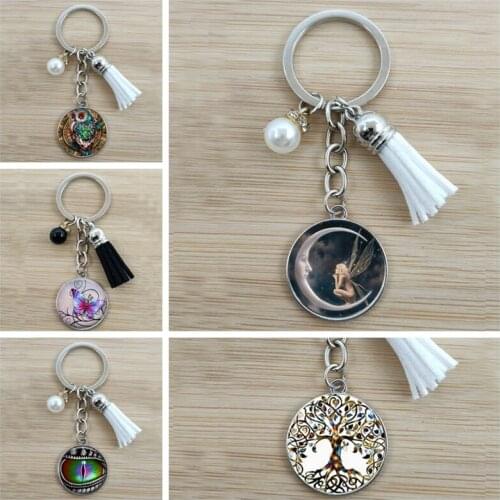 Tree of Life Keychain Ladies Simple Style Flower Keychain Moon Sky Unicorn Art Picture Glass Cabochon Jewelry Gift