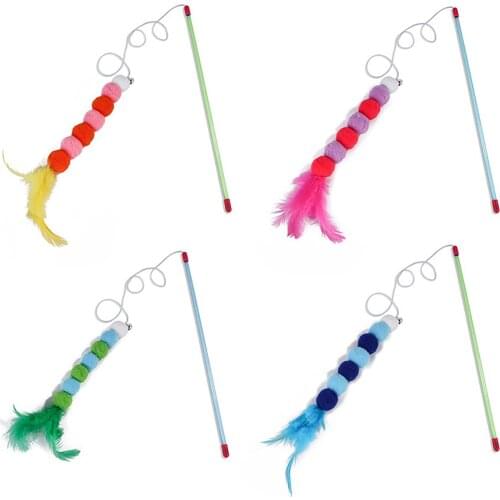 Legendog Colorful Pom Pom Cat Wand Interactive Funny Cat Feather Teaser Kitten Teaser Toy with Bell Training Toys Pet