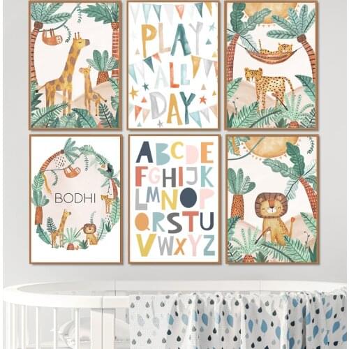 Lion Giraffe Leopard ABC Animals Nursery Wall Art Canvas Painting Nordic Posters And Prints Wall Pictures Kids Baby Room Decor