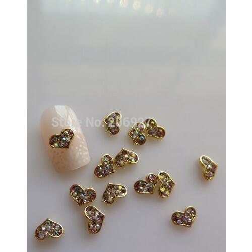 MD-767 10pcs Fancy Colorful Rhinestone Gold Heart Deco Metal Charms Metal Deco Charms Nail Art