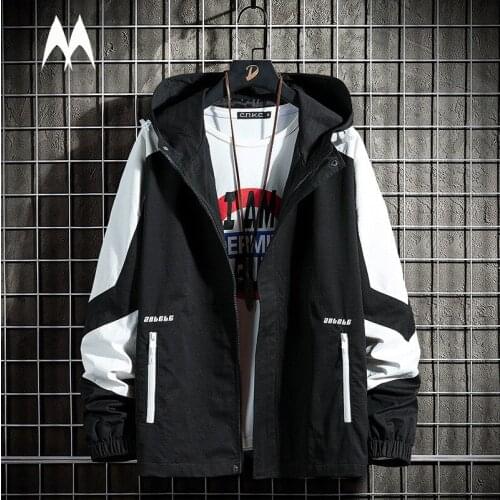 Patchwork Men Hooded Jacket Mens 2021 Fashion Windbreakers Zipper Coat Japanese Streetwear Male Casual Black Jackets Men