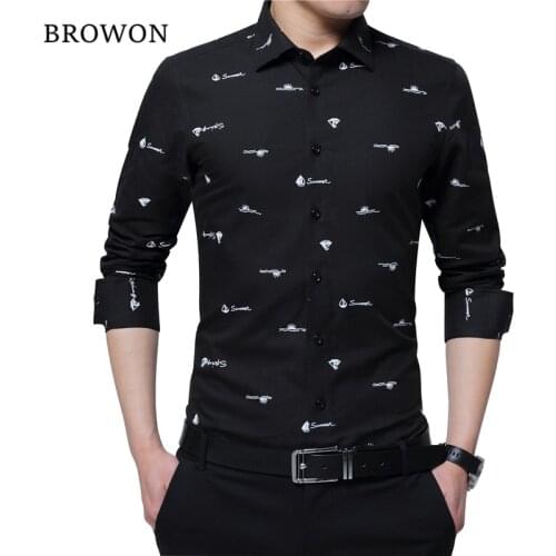 BROWON Four Season New Arrival 100% Cotton Men Print Shirt Long Sleeve Boat Print Formal Designer Shirt Squared Collar Men Cloth