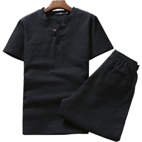 Plus Size 4XL Summer Tracksuit Solid Color V Neck Men Short Sleeve T-shirt Drawstring Pockets Shorts for Fitness Mens Clothing