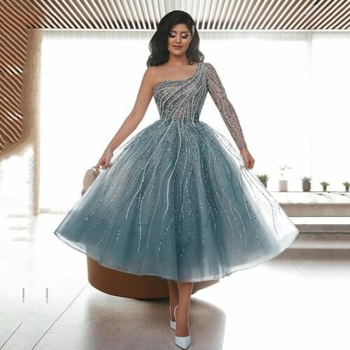 Luxury crystal Evening Dress Ball Gowns Saudi Arabia Tea-length One Shoulder Middle East Formal Party Gowns Custom