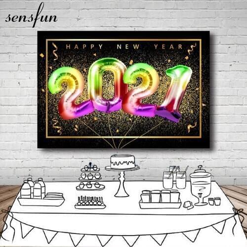 Sensfun Happy New Year Of 2021 Party Backdrops Balloons Gold Glitter Ribbons Photography Backgrounds Photo Studio Decoration