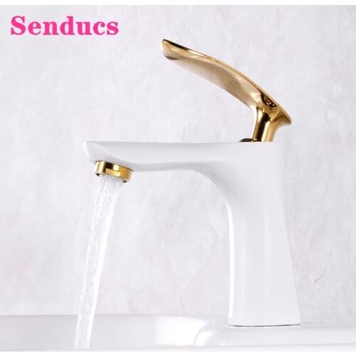 Bathroom Faucet Senducs Modern White Gold Bathroom Mixer Tap Copper Brass Basin Faucet Deck Mounted Hot Cold Basin Mixer Faucets
