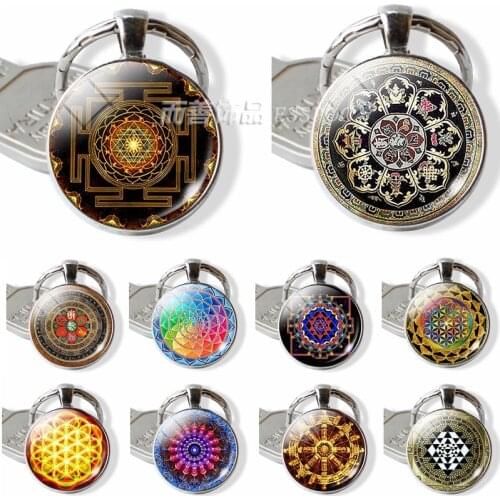Tibetan Metatrons Cube Buddhist Mandala Keychain Glass Dome Cabochon Jewelry Key Chain Men Women Religion Pendant Gifts
