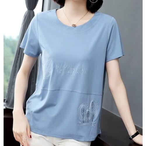 2021 Creative Embroidery Cotton T-Shirts Women Loose Summer Top O-Neck Short Sleeve Tshirt Lady Fashion Plus Size Women Clothing
