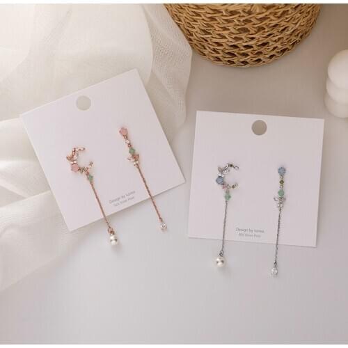 2020 Fashion Asymmetry Star Moon Long Dangle Earrings For Women Micro-inlaid Zircon Fairy Butterfly Flower Pearl Tassel Earrings