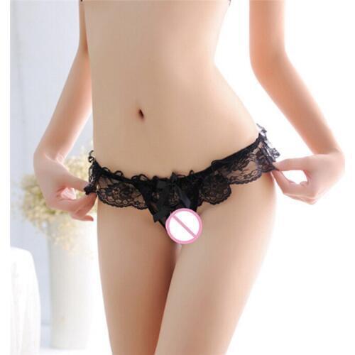 Women Sexy G-string Underwear Thong Bow Lace Crotchless Intimates Sexy Panties Briefs With Pearl Beads Sex G String