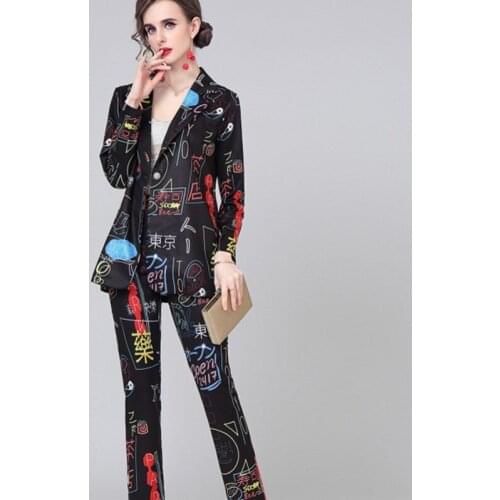 Runway Fall Winter Womens Graffiti Printing Suit Jacket Blazer Coat + High Quality Slim Elegant Pencil Pants Female 2 Piece Set