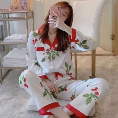 2020 Women Pajamas Sets with Pants Long Sleeve Turn-down Collar with Pocket Pyjama Cute Cartoon Button Top+Pants Pijama