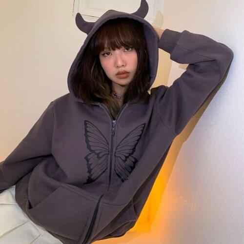 Devil Gothic Punk Women Hooded Zipper Harajuku Sweatshirt Streetwear Butterfly Graphics Vintage Y2K Loose Casual Jacket Pullover