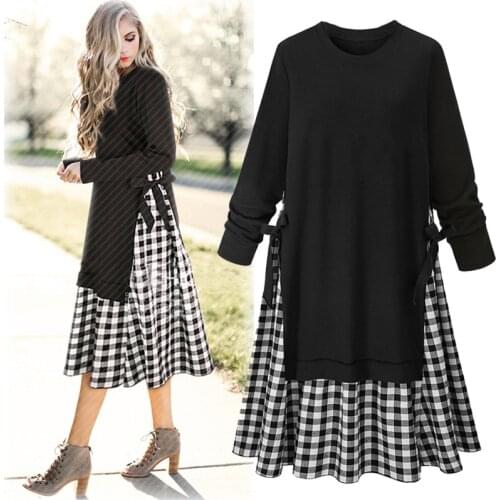 2021 New Arrival Women Big Size Dress Fake Two- Piece Irregular Plaid Long Sleeve Autumn Patchwork Black Fashion Loose Mid-lengt