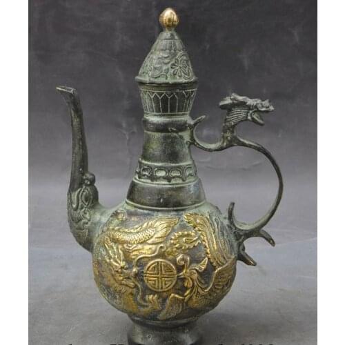 Zhmui8800626258++Mark Old China Bronze Dragon Phoenix Lucky Statue Wine Tea Pot Teapot Claret Jug