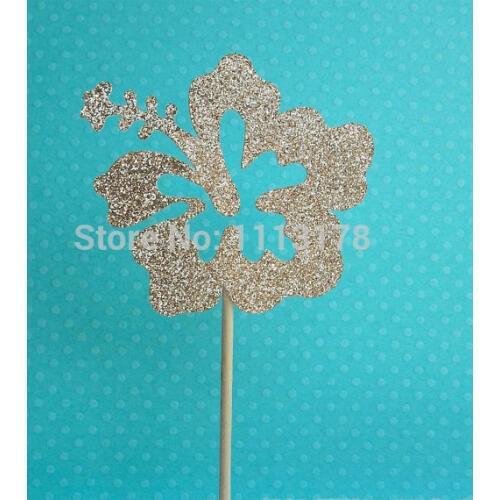Glitter Tropical Hibiscus Flower cupcake topper bridal shower birthday food Picks wedding party cake topper decorations
