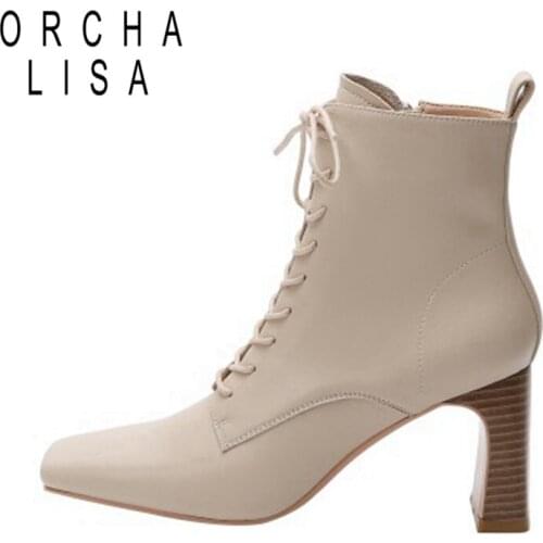 ORCHALISA Women genuine leather shoes Ankle boots Square toe Cross tied Zipper Strange style Solid High quality Female Autumn