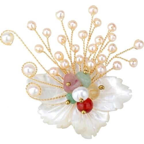 Women Freshwater Pearl Aventurine Citrine Carnelian Watermelon Quartz Shell Flower Pin Brooch Pendant 2-in-1 Handmade Jewelry