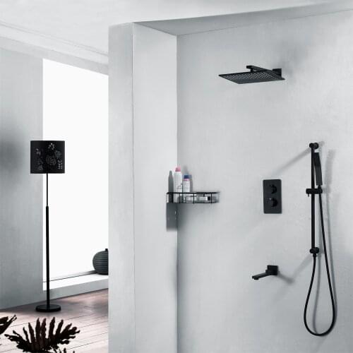 Black Directly Income Wall Mounted Flush Shower Full Copper Constant Temperature Three Function Embedded Box 250 Square Top