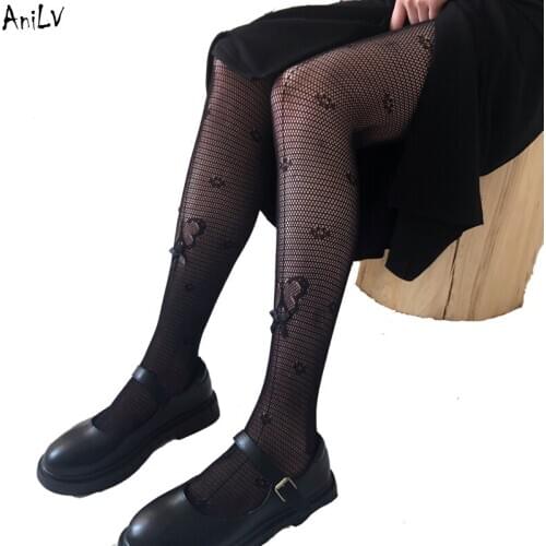 AniLV Women Butterfly Pattern Bow Mesh Fishnet Stockings Court Retro Sexy Pantyhose Stocking Cosplay Costume