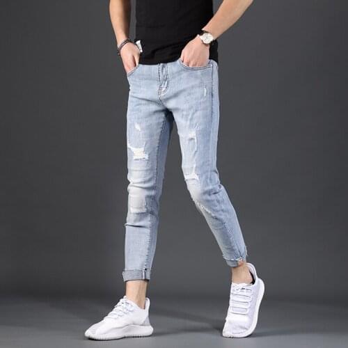 Summer Blue Ripped Jeans Casual Slim Fit Ankle-Length Pants Streetwear Lightweight Denim Trousers