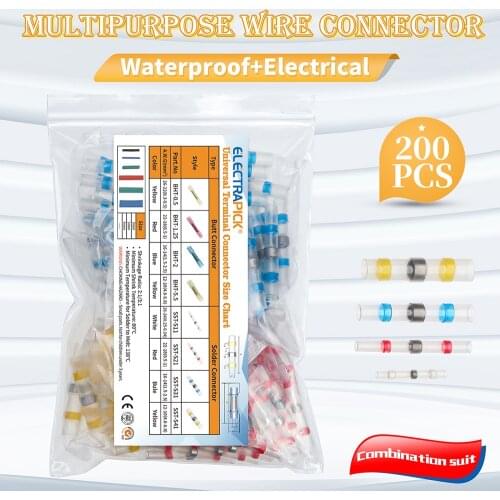 Electrapick 200Pcs Mixed Heat Shrink Connector Terminals Waterproof Solder Sleeve Tube Electrical Wire Insulated Butt Connectors