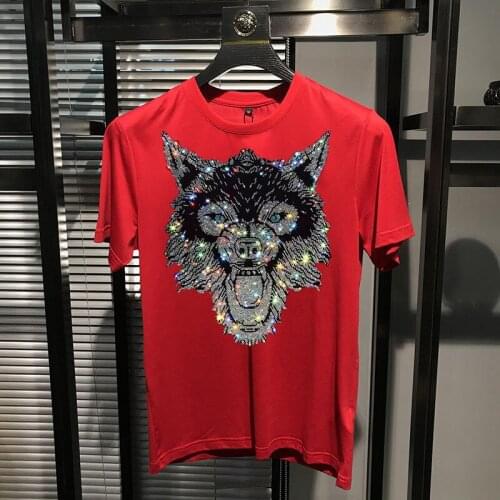 Summer Mens Short Sleeve Round Neck Classic Fashion T-Shirt Hot Rhinestone Animal Pattern Design Top