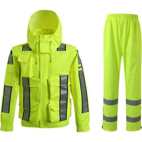 Hi Vis Workwear Raincoat Mens Rain Jacket Pants Reflective Cargo Traffic Pocket Free Shipping Fluorescent Stickers