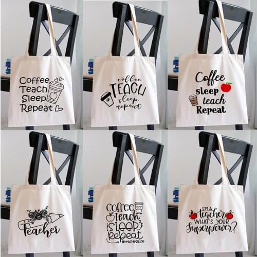 Coffee Teach Sleep Repeat Print Women Shopping Bags Female Canvas Cloth Shoulder Bag Storage Handbag Reusable Foldable Eco Totes