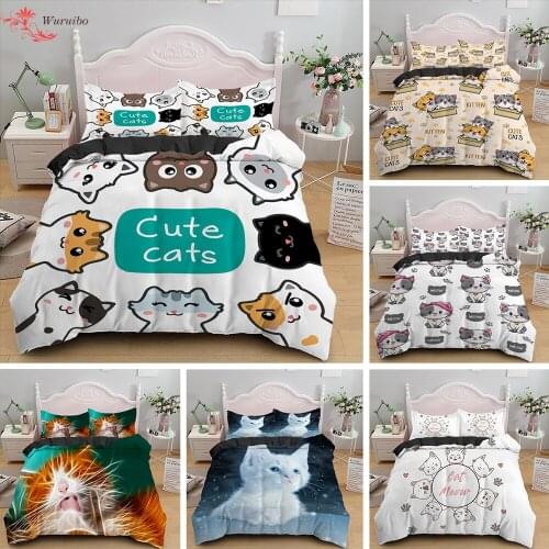 Cute Cat Bedding Set AU US UK EU Size For Adult Kid Bed Covers Single King Queen Soft Winter Quilt Animal Duvet Cover Bedclothes