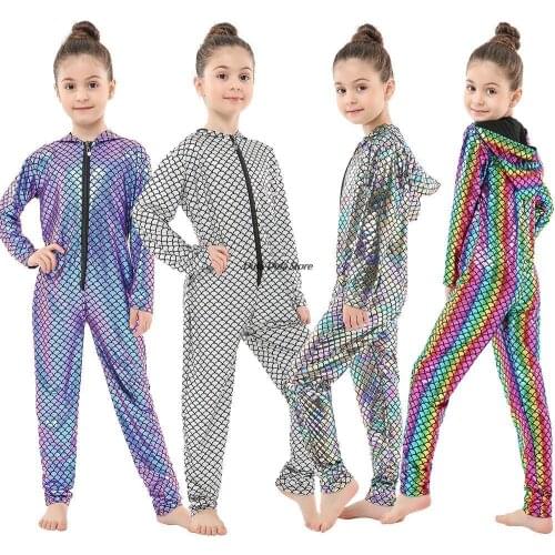 Cosplay Costume Girls Jumpsuit Toddler Overalls Hooded Childrens Jumpsuits One Piece Kids Spandex Fish Scale Mermaid Halloween