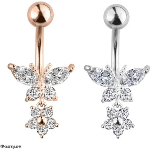 Creative Butterfly Body Jewelry 5A Zircon Shining Dangled Navel Piercing Golden Silvery Women Earring Piercing Surgical Steel