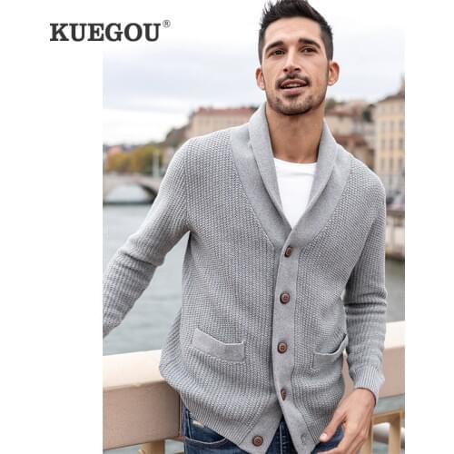 KUEGOU 2021 Spring 100% Cotton Plain Gray Sweater Men Cardigan Casual Jumper For Male Brand Knitted Korean Style Clothes 8942