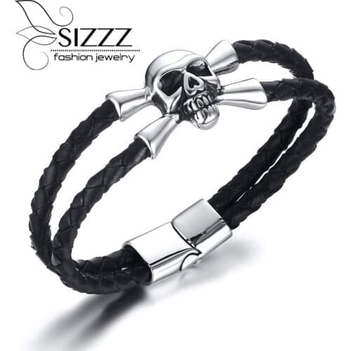 SIZZZ 5MM stainless steel magnetic buckle ghost head two hand rope black bracelets&bangles for men