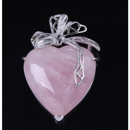 Trendy-beads Elegant Style Silver Plated Natural Rose Pink Quartz Love Heart With Silk Ribbon Pendant Fashion Jewelry