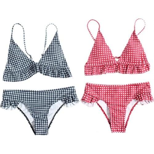 Fashion Women Summer Plaid Swimwear Bikini Set Padded Ruffle Bra Thong Briefs