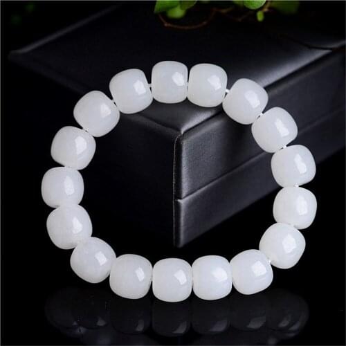 Grade AA Natural Hetian Jade Beaded Bracelet White Jade Beads Bangle Stretch Charm Jewelry Bracelet Prayer Bracelet BR024