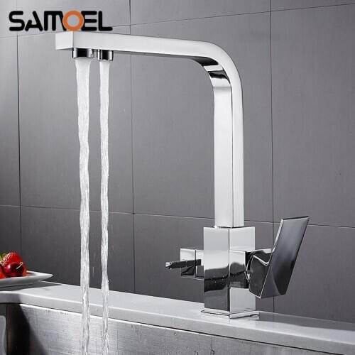 New Brass Square 3-way Purified Kitchen Sink Faucet Deck-mounted Two-handle Chrome Healthy Drinking Water Mixer Tap 1242C