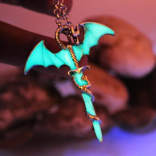 New Dragon Sword Punk Luminous Necklace Dragon Sword Pendants Necklaces GLOW in the DARK amulet Sweater Chain