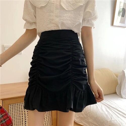 Solid A-line Summer Female Mini Skirt Ladies Ruffles Chic Ruched All-match Selling Girls Black Elegant Skirts Women Clothing