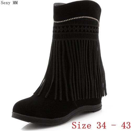 Autumn Spring Women Mid Calf Boots Booties Wedges Height Increasing Woman Short Boots Shoes Small Plus Size 34 - 40 41 42 43