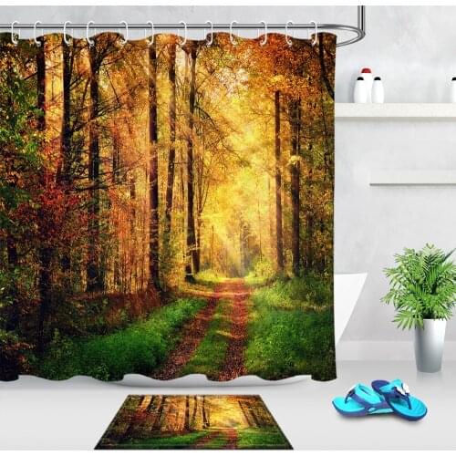 Autumn Forest Scenery with Rays of Warm Light Gold Foliage Footpath Shower Curtain Bathroom Fabric For Nature Bathtub Decor
