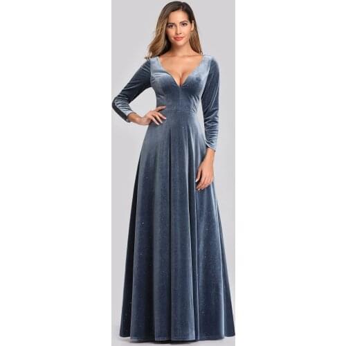 Robe de soirée Elegant Double V Neck Velvet Party Dresses for Women Evening Dresses Long Sleeve Vestido de noche A-LINE Gown