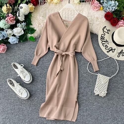 YornMona Fashion Sexy V Neck Backless Ladies Dresses 2019 Autumn Elegant Long Batwing Sleeve Sashes Knitted Women Dress vestidos