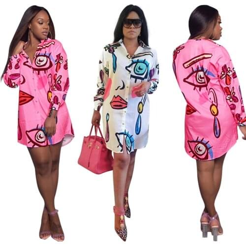 Plus Size Beautiful Women Summer 3xl Style Lapel Print Head Shirt Long Sleeved Irregular Hem Blouse Dress Wholesale Dropshipping