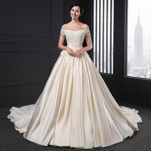 SL-027 wedding dress 2020 satin off shoulder lace apliques beaded simples champagne vintage elegante celebrity wedding gowns