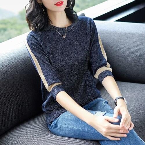 Thin Sweater Women Short Sleeve Pullover Women Fashion Bright Silk Sweaters Women 2019 Spring Knitted Sweaters Tops Femme