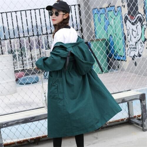 Trench Coat Long Female 2020 Spring Autumn New Korean Version Hooded Loose Harajuku Drawstring Slim Solid Color Outerwear Women
