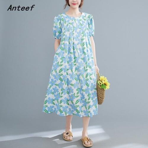 Short sleeve cotton vintage floral dresses for women casual loose long woman summer dress elegant clothes 2021